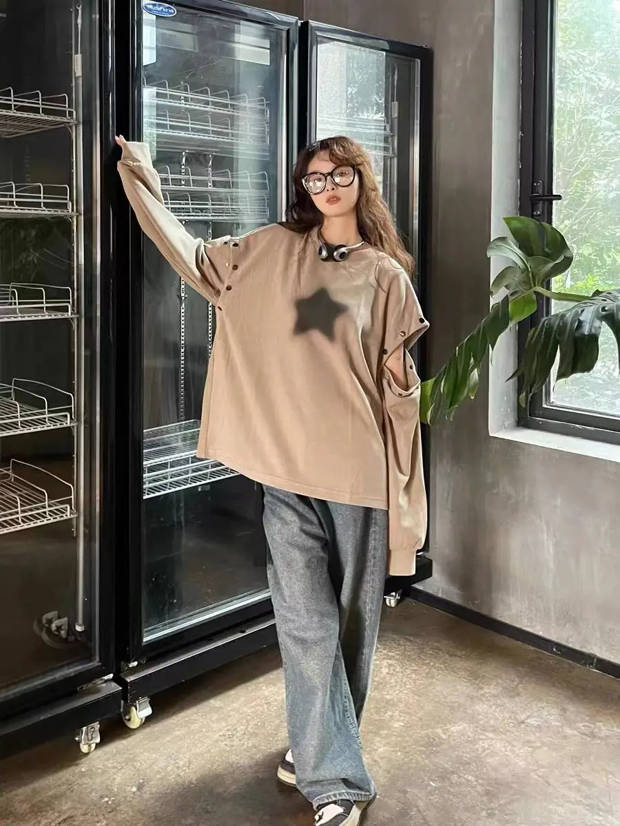 Sweat-shirt femme hauts Patch tridimensionnel coutures délavées contraste couleur kaki Ol Slouchy vêtements d'extérieur de noël