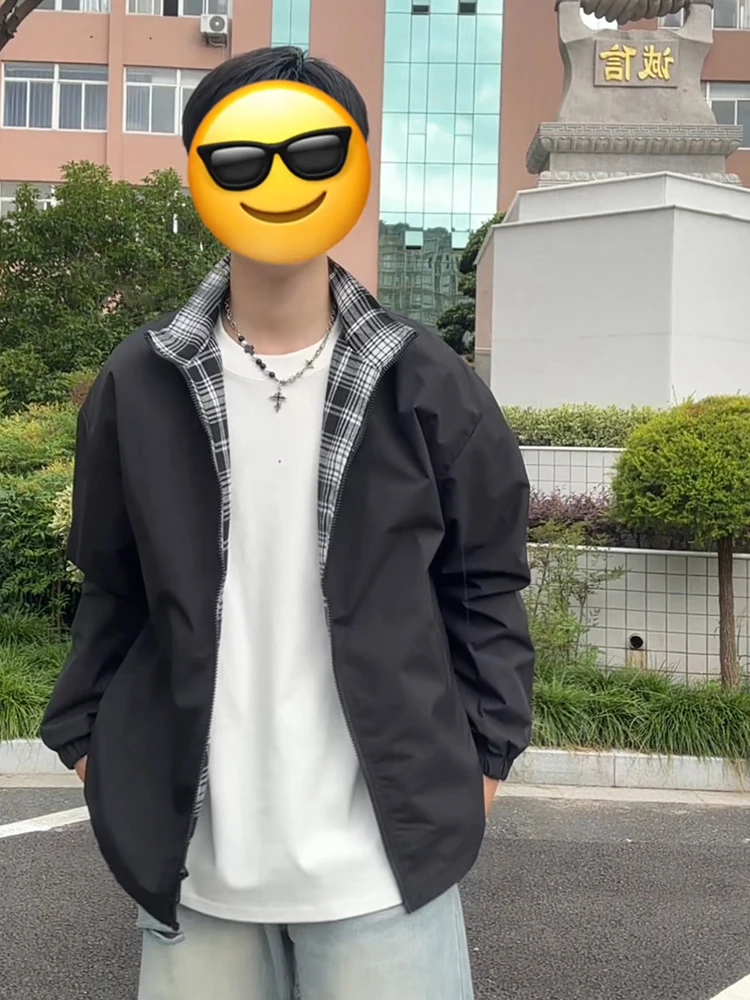 

Black Plaid Splicing Jacket Men's Clean Sporty Collar Short Design Sense Autumn Top Polyester Spring Youth Trendy Shoulder Sl...