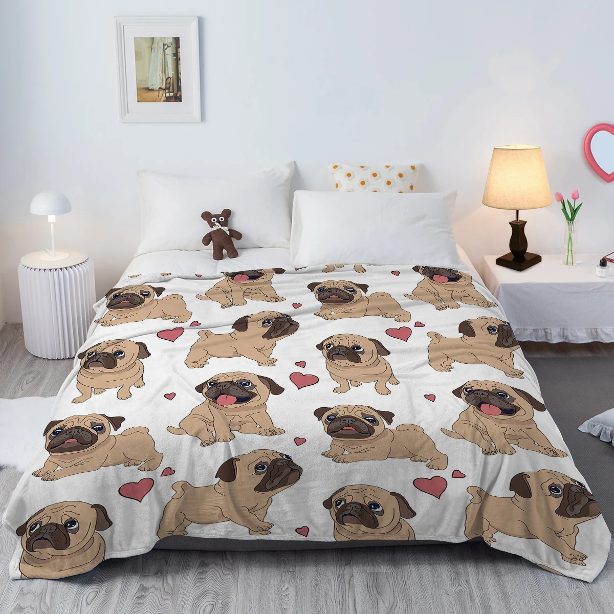 Coperta Pug per bambini adulti cani carini con cuori rossi coperta da tiro coperta accogliente per divano letto soggiorno