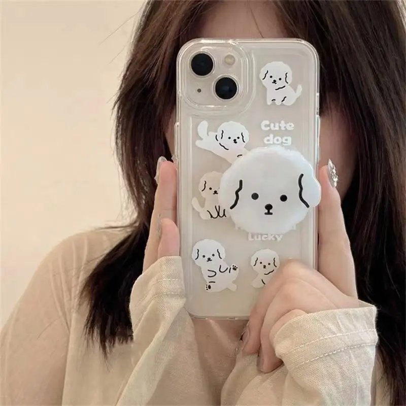 For iPhone 12 Pro 11 13 Mini 14 15 16 Pro Max XS X XR 7 8 Plus SE 2020 Cute Dog Grip Holder Transparent Phone Case