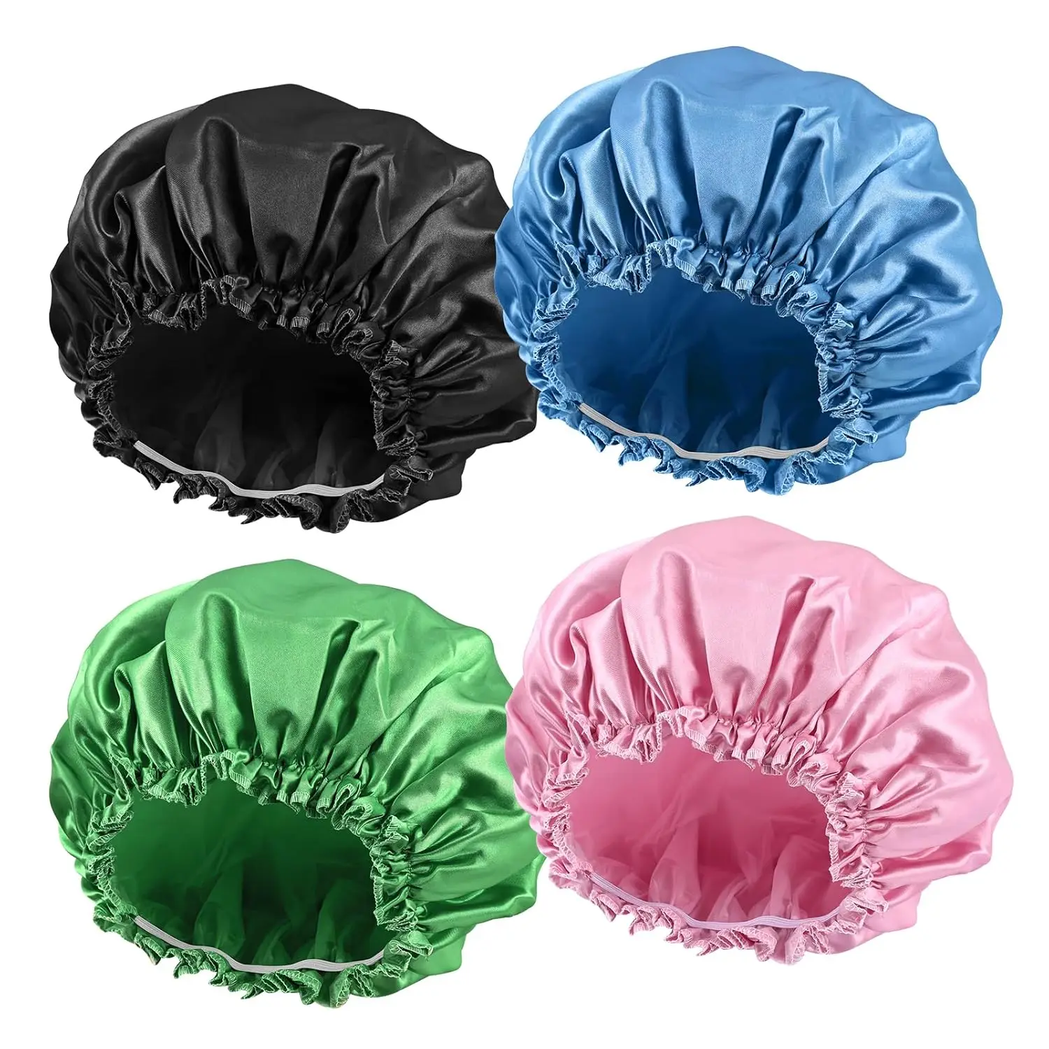 

Reusable Waterproof Shower Caps for Women, Large Double Layer Hair Bath Hat, 4 Pack