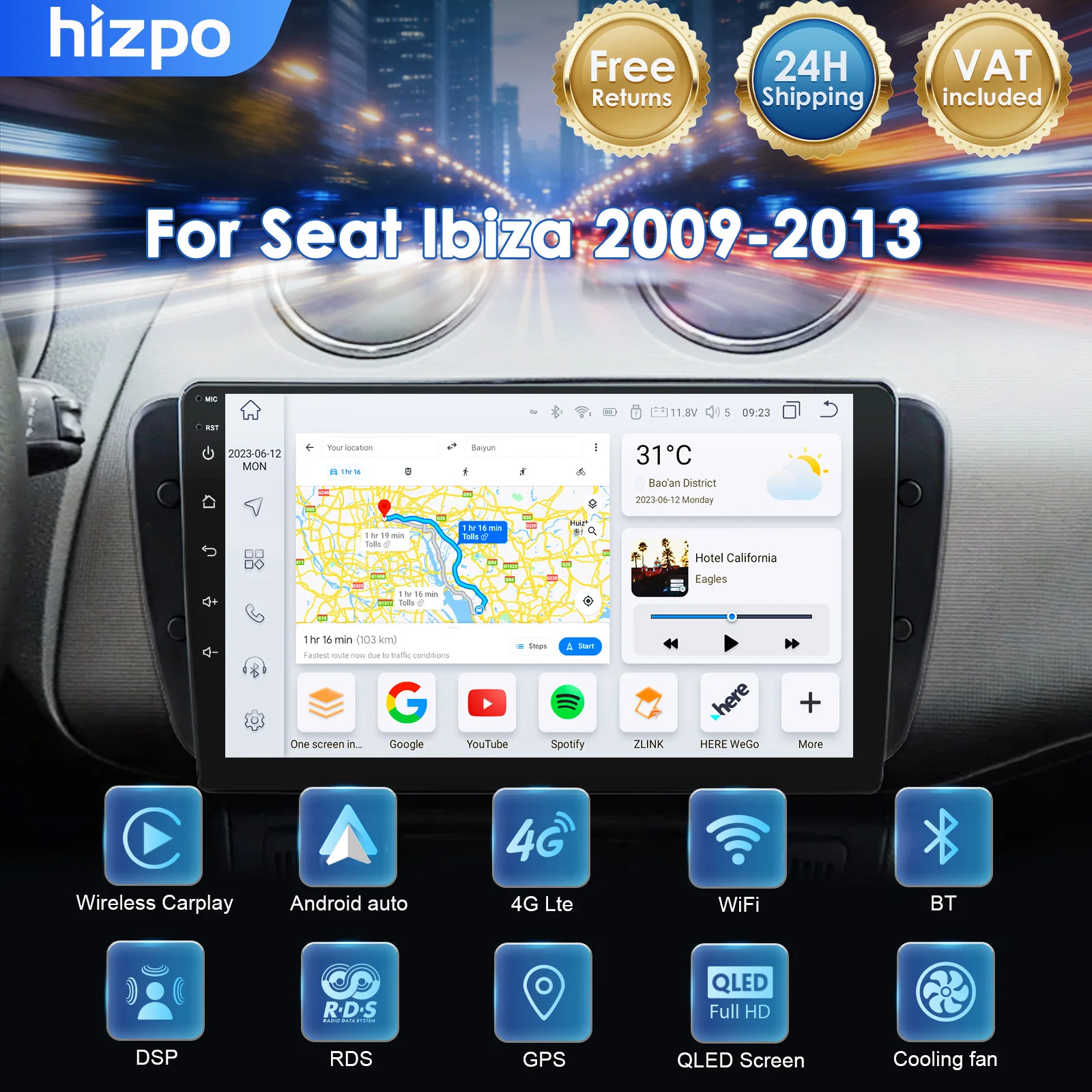 Hizpo Android 14 per Seat Ibiza 6j 2009 - 2013 2010, Autoradio QLED Stereo con Lettore Multimediale Video, GPS, Controllo Vocale AI, CarPlay, Unità di Controllo Touchscreen
