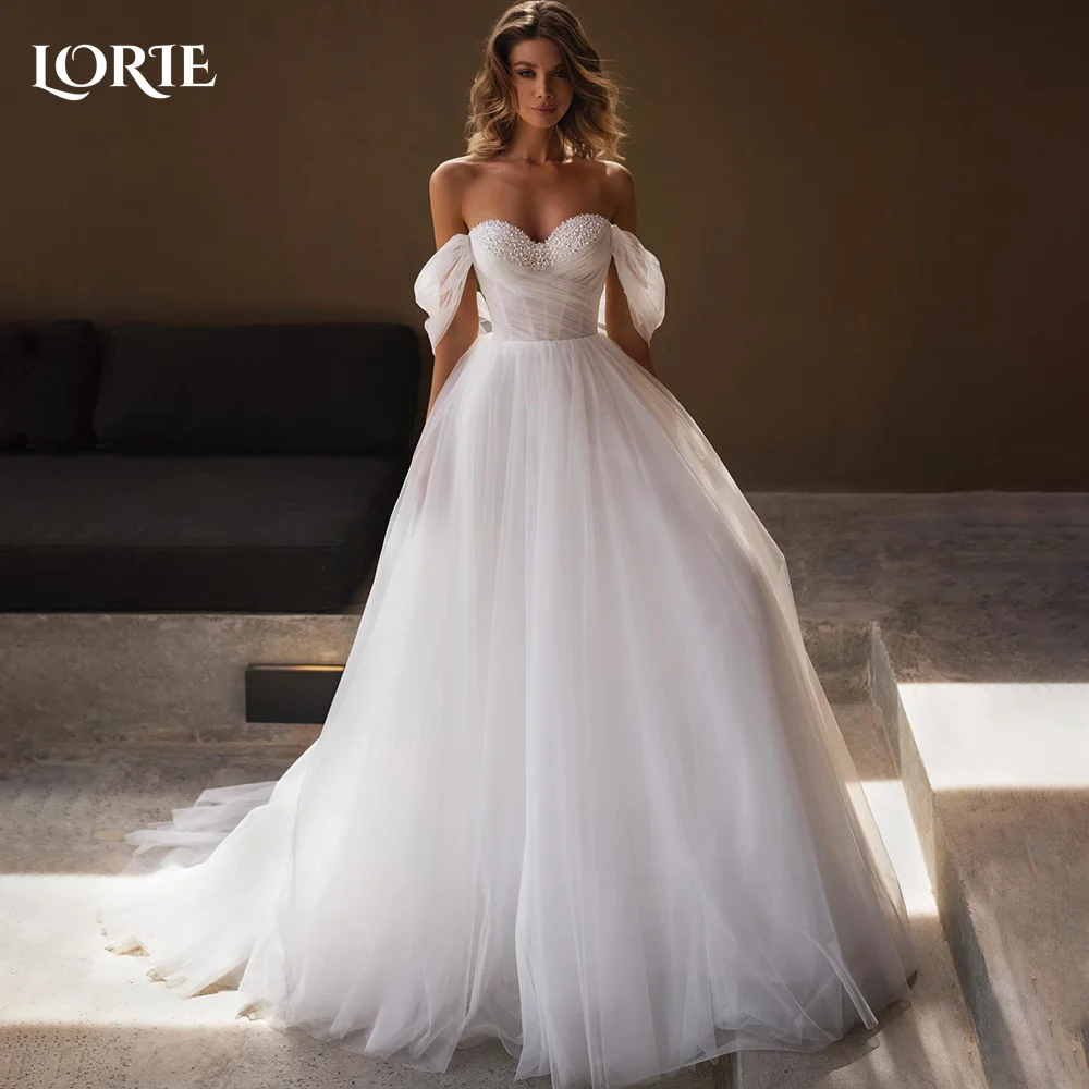 

LORIE Bohemia Pearls Wedding Dresses Off Shoulder A-Line Illusion Tulle Bridal Gown Backless Princess Bride Dress Customized