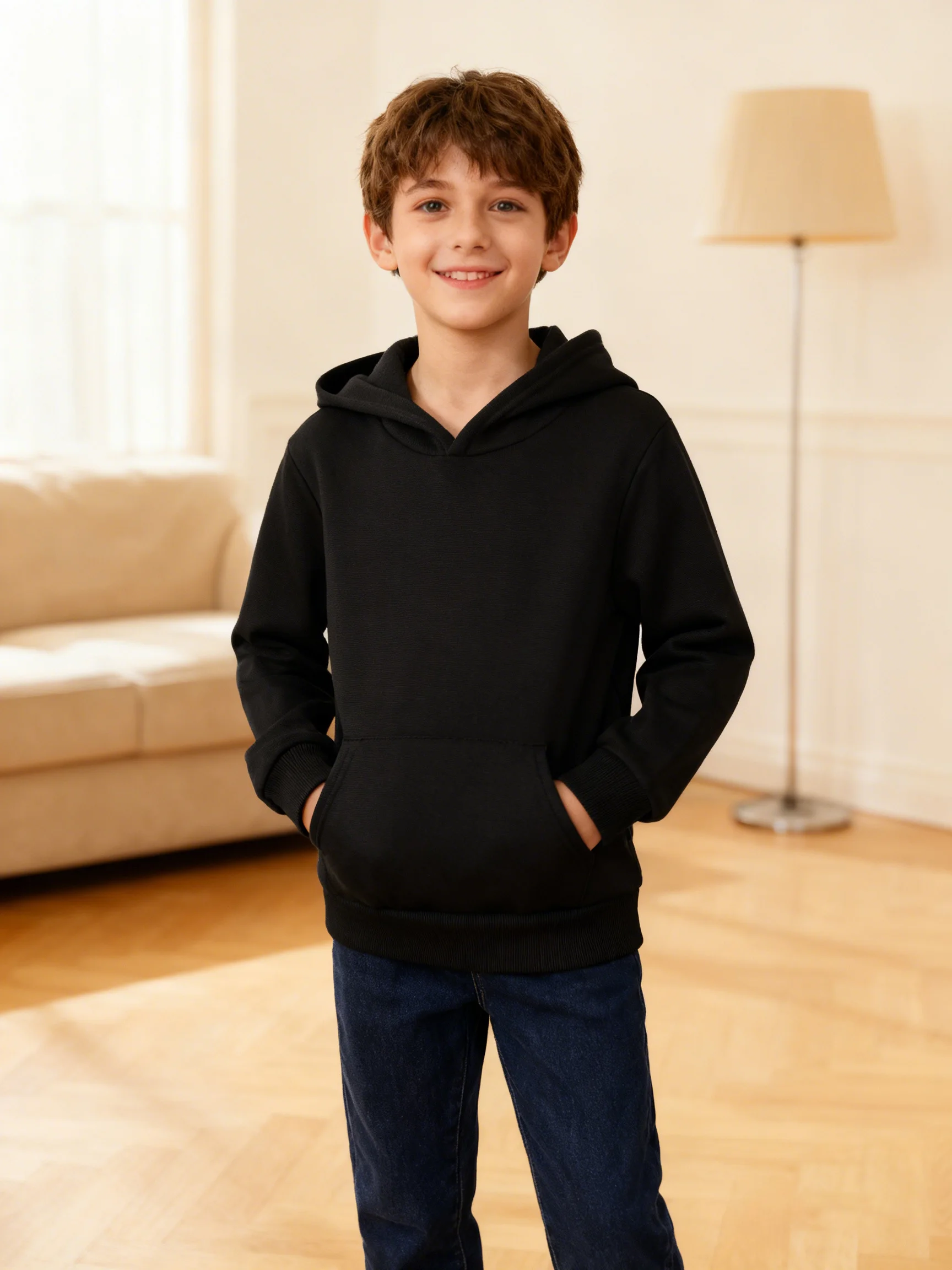 

Boys' Spring/Fall Fashion Casual Solid-Color Lightweight Fleece Hooded Pullover Sweatshirt, Perfect for Outdoor Leisure and Jogg