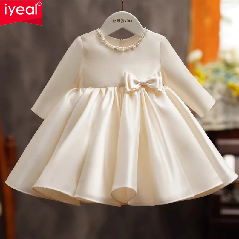 IYEAL Baby Girl\'s First Year Dress 2024 New Champagne Satin Princess Dress Girl\'s Birthday Party Dress