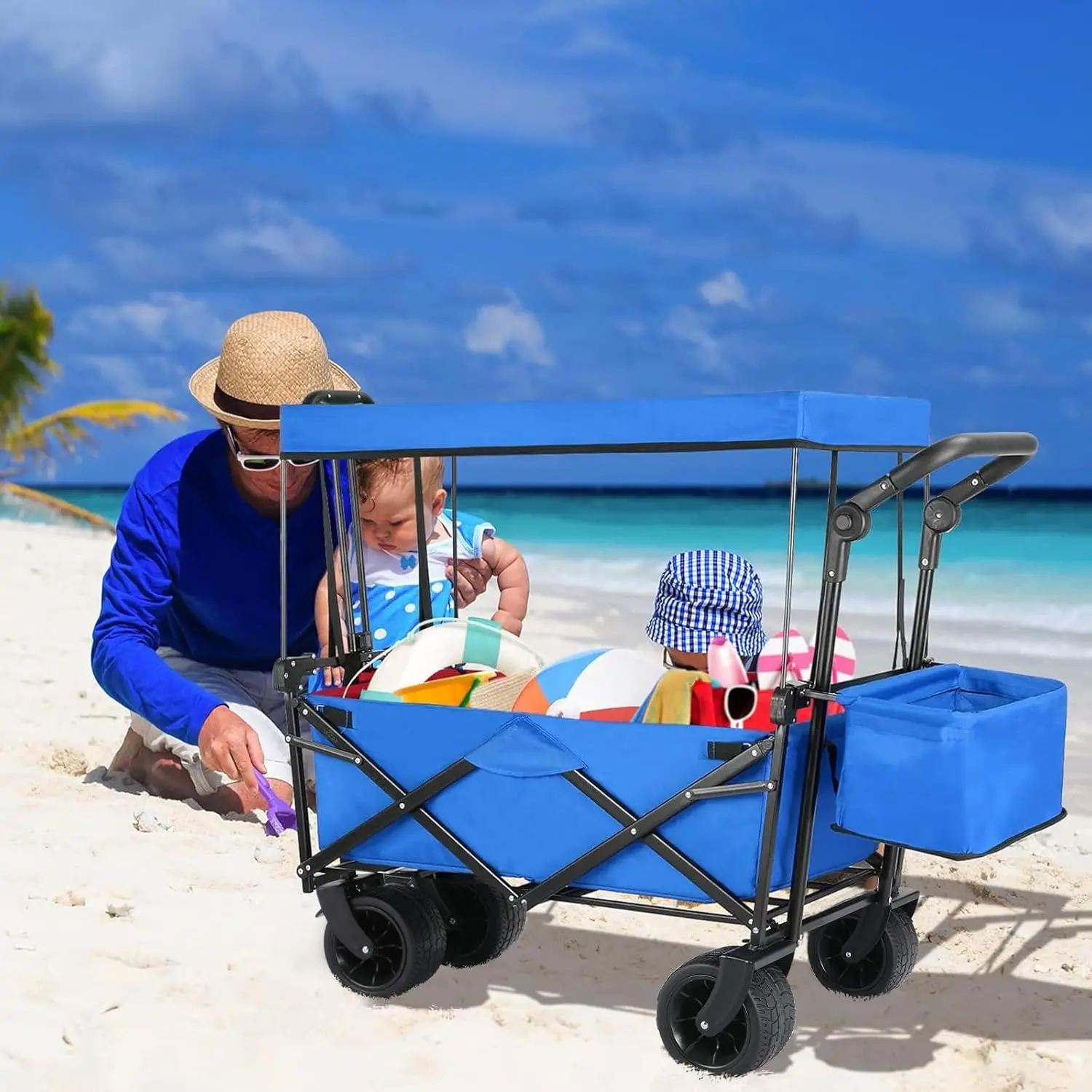 Garden Cart w/Rear Storage, Heavy Duty Outdoor Push&Pull Utility Camping Beach Stroller w/Big Wheel&Adjustable Handles, Blue