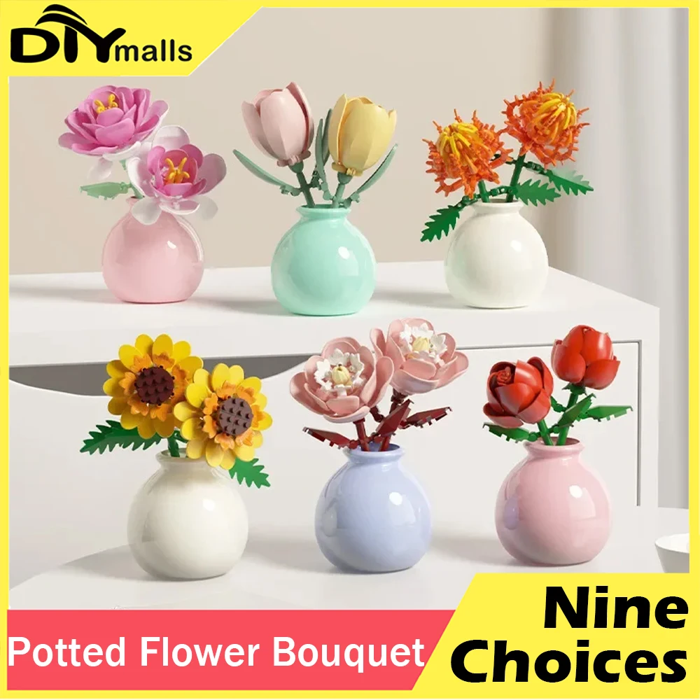 

Building block pot plant bouquet of flowers, roses, lily building blocks, toys with flower pots, cute living room ornaments gift