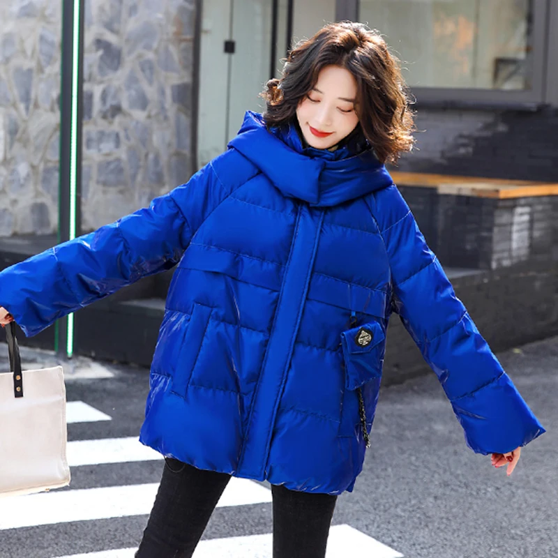 

Pop Women No-wash Down Jacket Winter Nice Fashion Hooded Solid Color Medium Long Straight Loose Glossy Down Coat Thick Outerwear