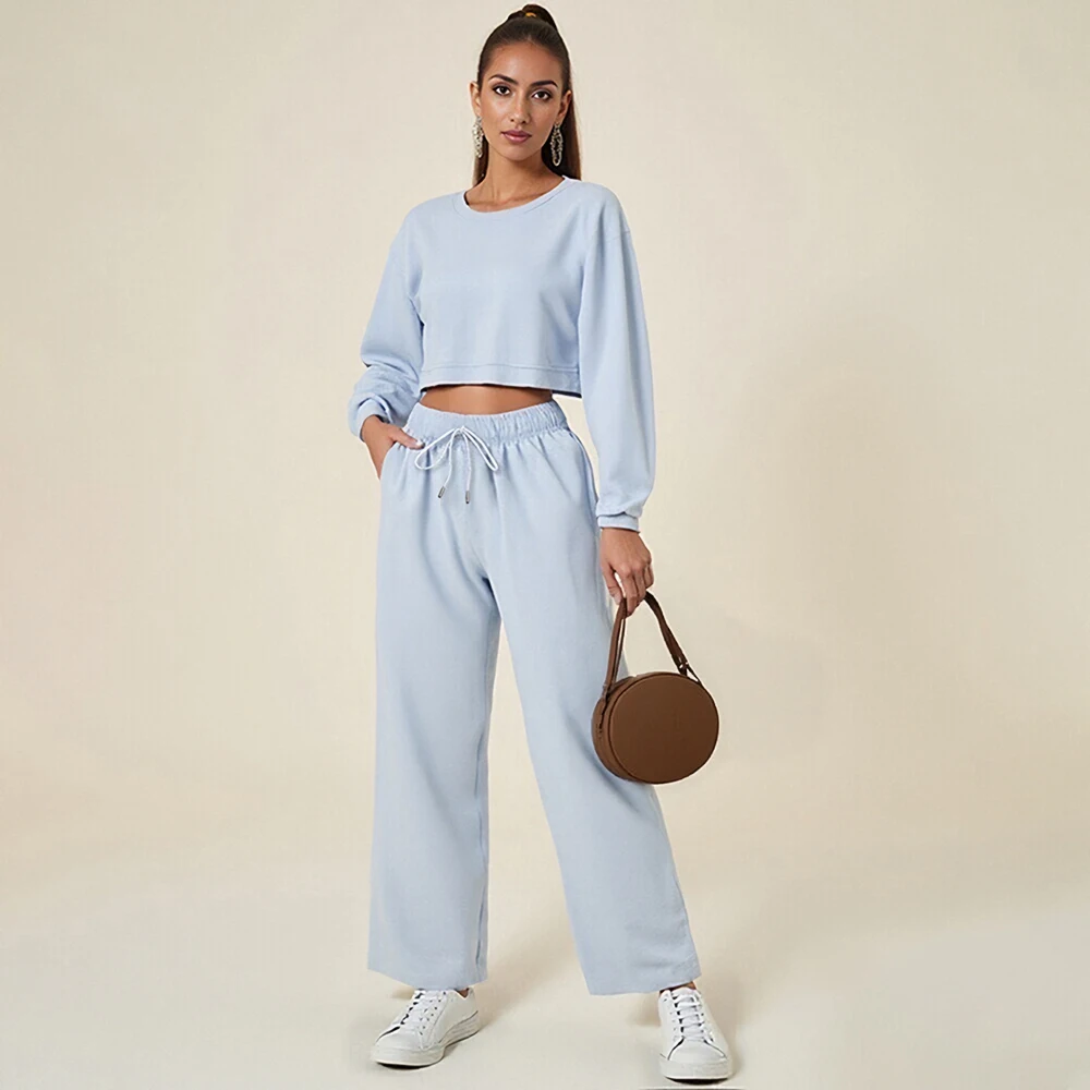 

Mia Muse Autumn Sets 2025 Women's Chic Plain Long Sleeve Crew Neck Cropped Sporty Straight Lace-Up Full Length Sets