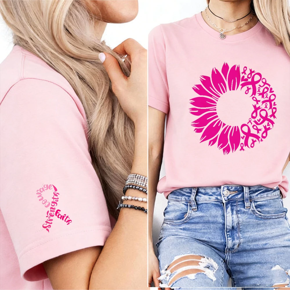 Pink Ribbon Sunflower Pattern Tshirt Faith Hope Strength Letter Ribbon Cuff Print Breast Cancer Support Inspirational Casual Tee