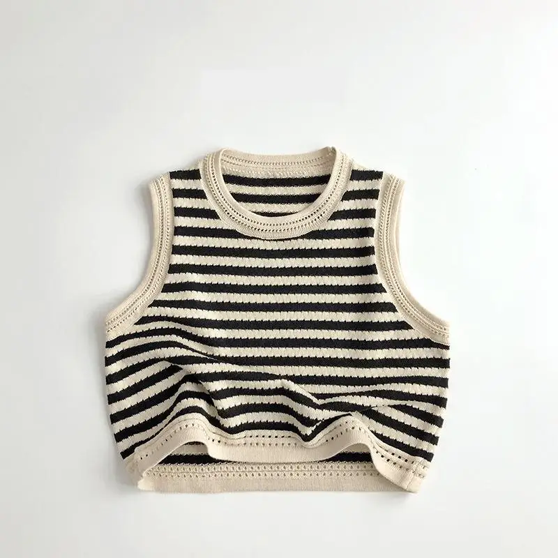 

2024 Summer New Children Sleeveless T Shirts Cotton Boys Girls Striped Knit Vest Casual Kids Tee Vintage Baby Vest Clothes