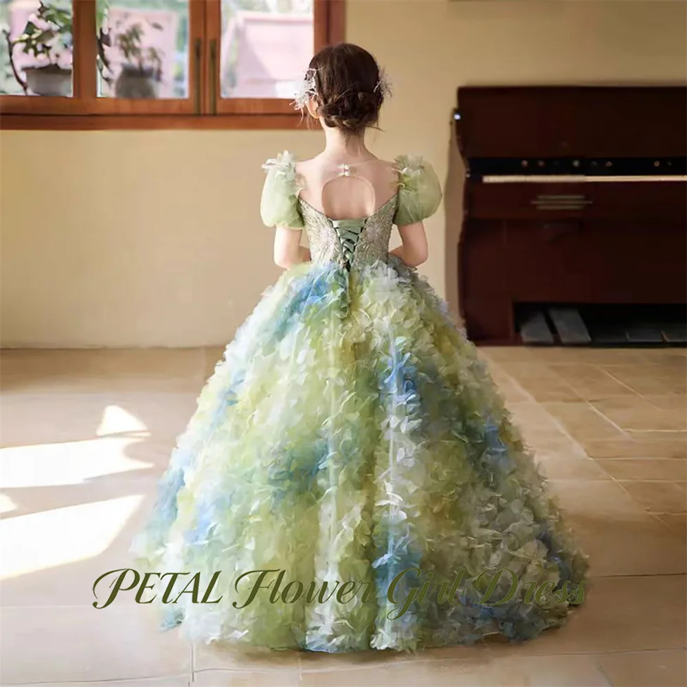 Meadow Green and Blue Gradient   Flower Girl Dress V Neck Kids Birthday Party Dress 3D Gradient Petal Tutu Fluffy Prom Gown