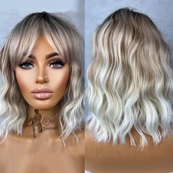 Ash Blonde Wavy Lace Front Fringe Bangs Wig para as Mulheres, Brown Balayage Destaques, Eye Catching Curto Bob Peruca, 14