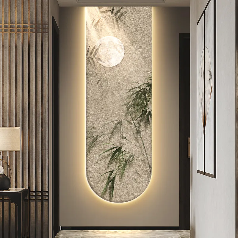 New Chinese style bamboo entrance decoration painting with three-dimensional clock hanging painting, corridor corridor with lamp
