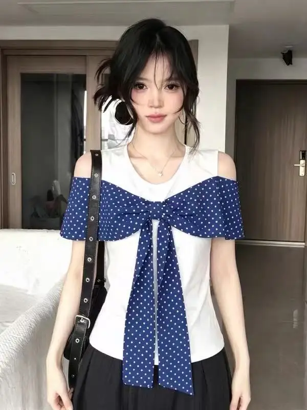 

American Style Knot Short Sleeve Women's Summer Design Slim Fit Print T-Shirt Casual Versatile Breathable Comfortable