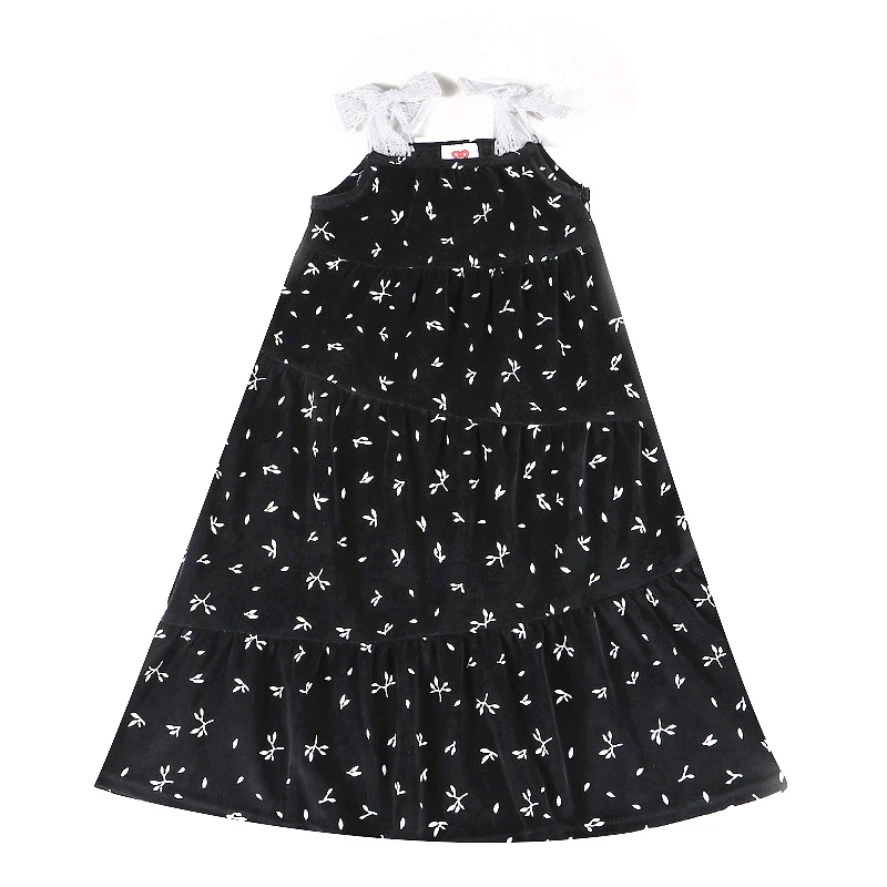 3T-20T Toddler Girl\'s Maxi Dress Girl Lace Tie Shoulder Sleeveless Overall Dress Black Velvet Winter Robe DressSuspender Skirt