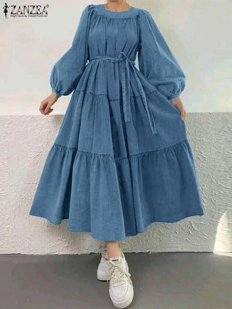 Casual Loose Long Lantern Sleeve Robe ZANZEA Women Solid Midi Dress Fashion Multi-Layer Belted Vestidos Holiday O-neck Dresses