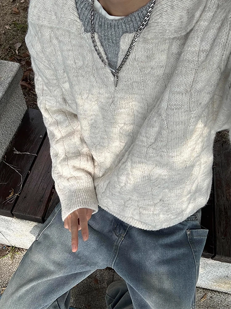 

Ретро витой искусственный двухсекционный лоскутный свитер с повседневным воротником, трикотажная одежда для мужчин и женщин осенью и зимой, удобная ...