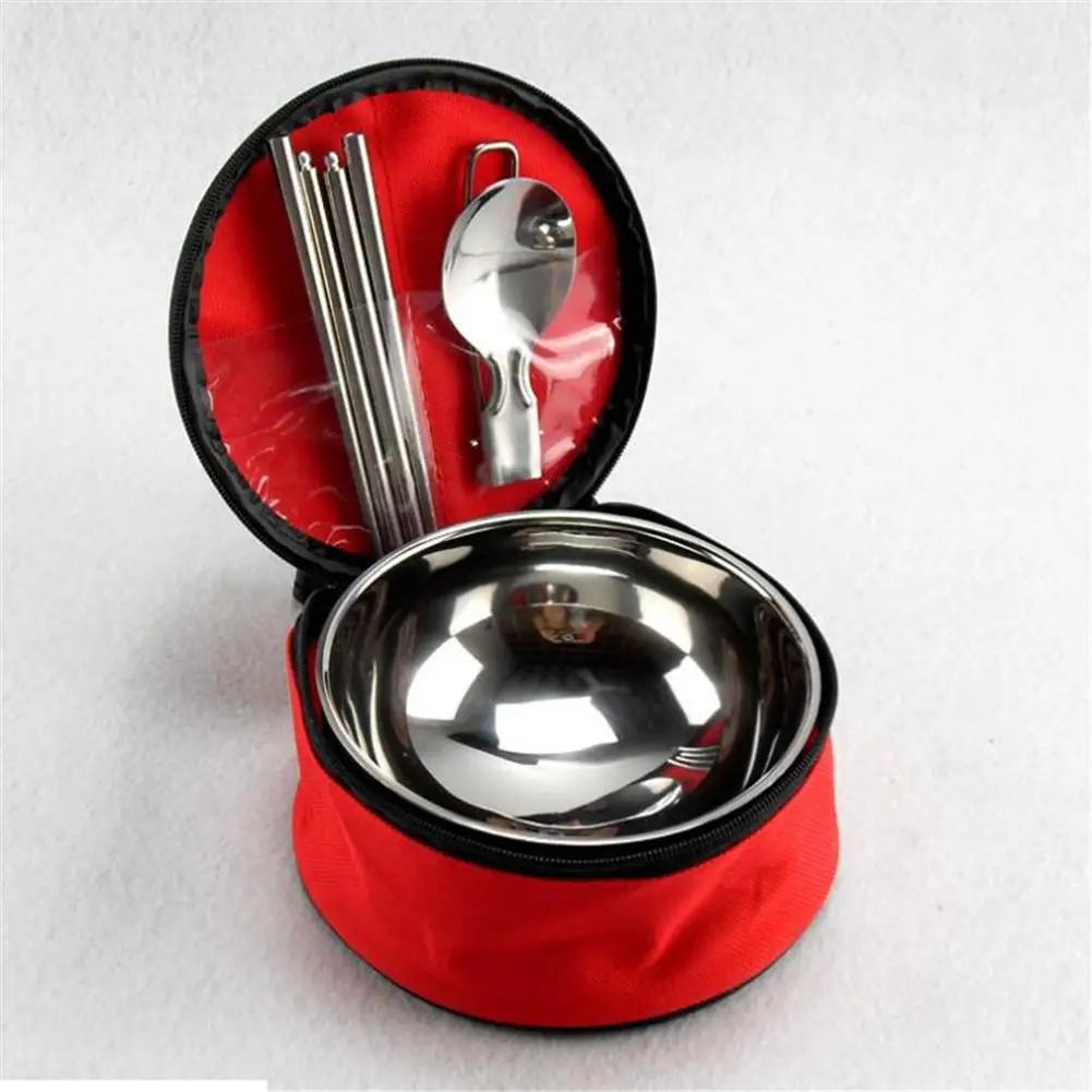 Stainless Steel Cutlery Set Folding Spoon Chopsticks Double Layer Insulated Bowl Outdoor Picnic Camping Bag Portable Bowl Bag