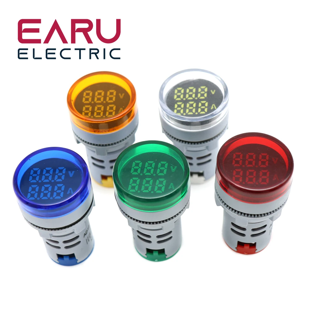 라운드 미니 디지털 전압계 전류계 22mm AC 20-500V 0-100A 앰프 볼트 전압 테스터 미터 듀얼 LED 표시기 파일럿 램프 빛