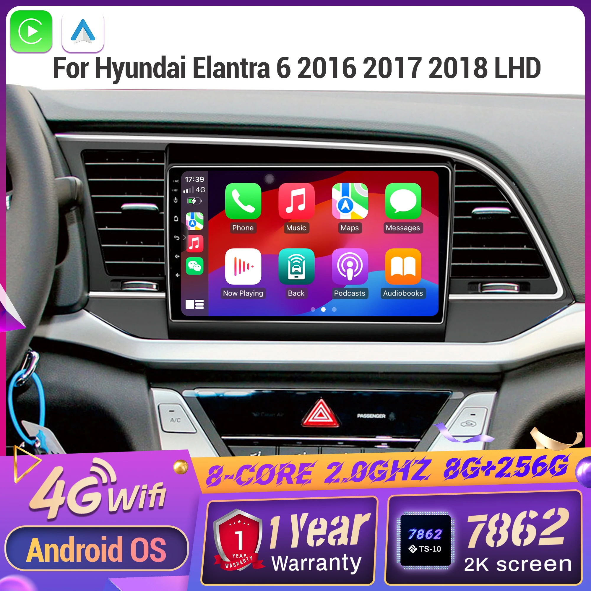 أندرويد 14 لشركة هيونداي إلنترا 6 2016 2017 2018 LHD راديو السيارة الملاحة الوسائط المتعددة اللاسلكية BT Carplay اللمس 2K QLED شاشة