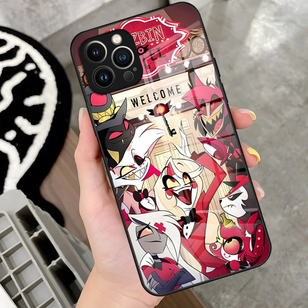 H-Hazbin Cartoon Hotels Phone Case for iPhone 15 14 Pro 13 12 11 Mini XR Max 6 8 7 Plus SE 2022 Glass Design Cove