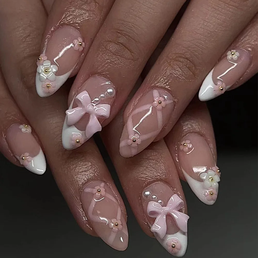 

24Pcs Pink Sweet Fake Nail with Bow Flower Design Mid-length Almond French False Nails Stripe Oval Reusable Press on Nails Tips