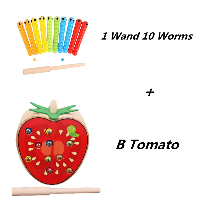 Magnetic Toy Funny Strawberry Shaped And 1 Wand And 10 Worm Game Toy Wooden Educational Toys For Preschool Kids Toddlers