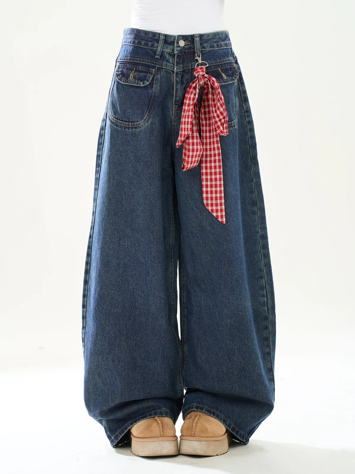 

ENJOG Retro Plaid Silk Scarf High Waist Denim Pants Women's 2025 New Loose Wide Leg Floor-Length Pants Casual Sle