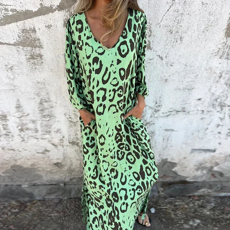 Abiti lunghi larghi con stampa leopardata vintage Donna 2025 Abito lungo con tasca con scollo a V elegante primavera Autunno Abito da vacanza Boho con maniche a 3/4