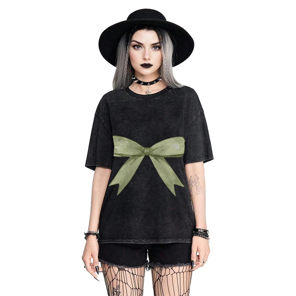 

Y2K Clothes Футболка с зеленым бантом, 100% хлопок, высококачественная стираная футболка большого размера. Дизайн Green Bow Design, милый хлопок премиум-класса Y2K Vibe