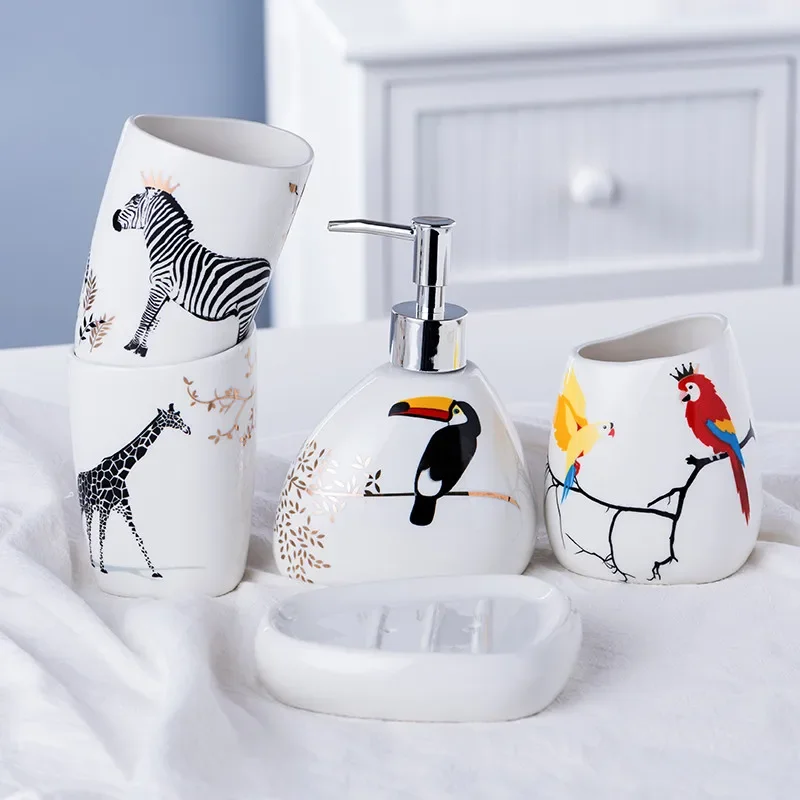 Cute Zebra Owl Brushing Cup For Kids Nordic Bathroom Accessories Set Five-Piece Sanitary Ware Ceramic Wash Mug