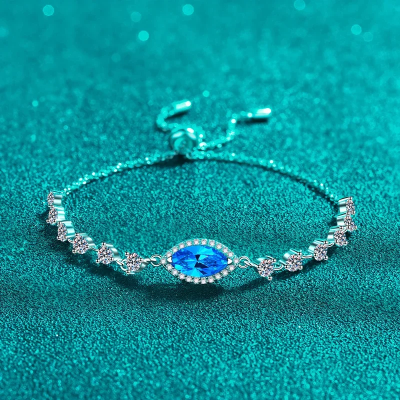 Platinum PT950 Bracelet for Women Treasure Blue Horse Eye 1ct Moissanite Diamond Bracelet Stretch Adjustable Personality Jewelry