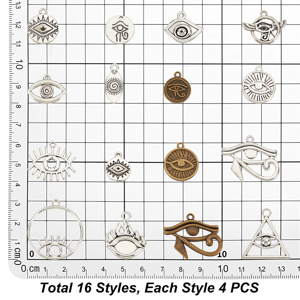

PH 64pcs 16 Styles Evil Eye Pendant Charms Tibetan Style Egyptian Eye Charms Alloy Wing Dangle Pendants Spacer Beads for DIY