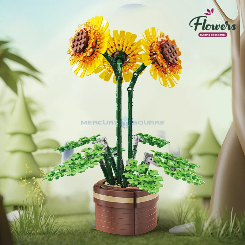 Sunflower Potted Plant Flower Model Decoration Bouquet Bonsai Blocks Creative Building MOC Collection Bricks Kids Toy for Gift