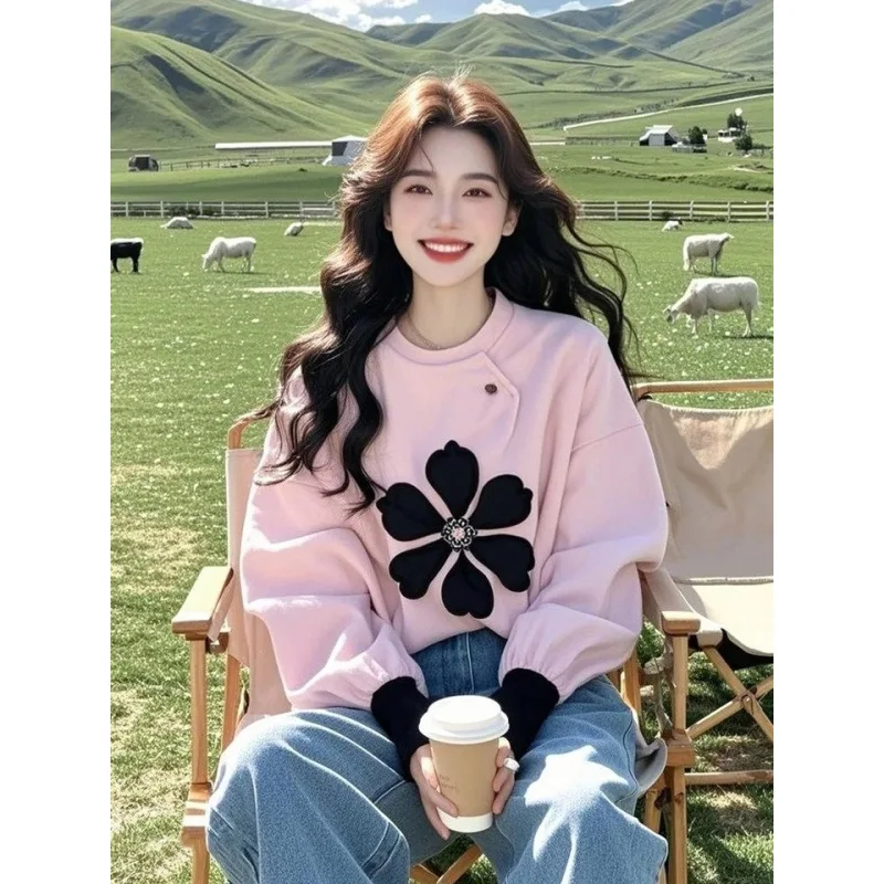 

Super Cute Pink Printed Round Neck Sweatshirt for Women in Spring 2025 New Spring Style with Korean Lazystyle Loose and Casual