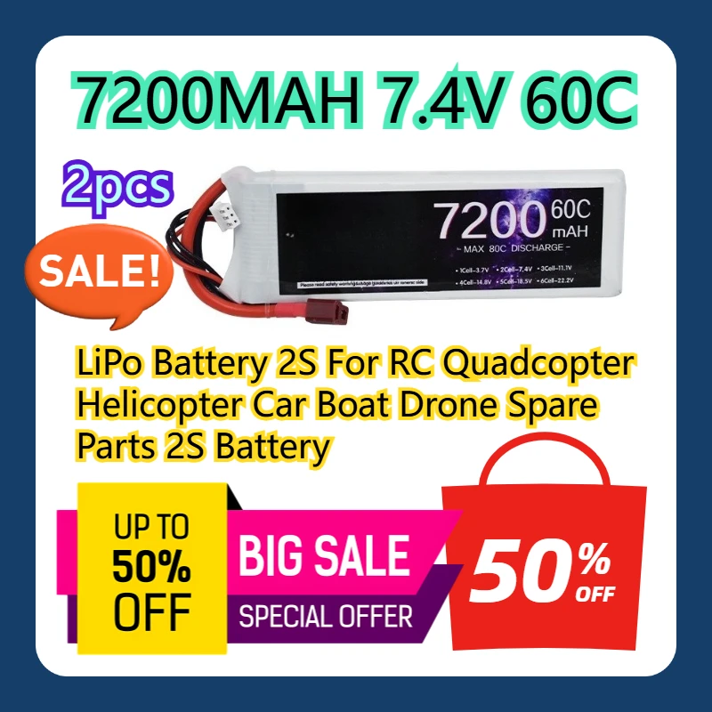 

2pcs 7200MAH 7.4V 60C LiPo Battery 2S For RC Quadcopter Helicopter Car Boat Drone Spare Parts 2S Battery