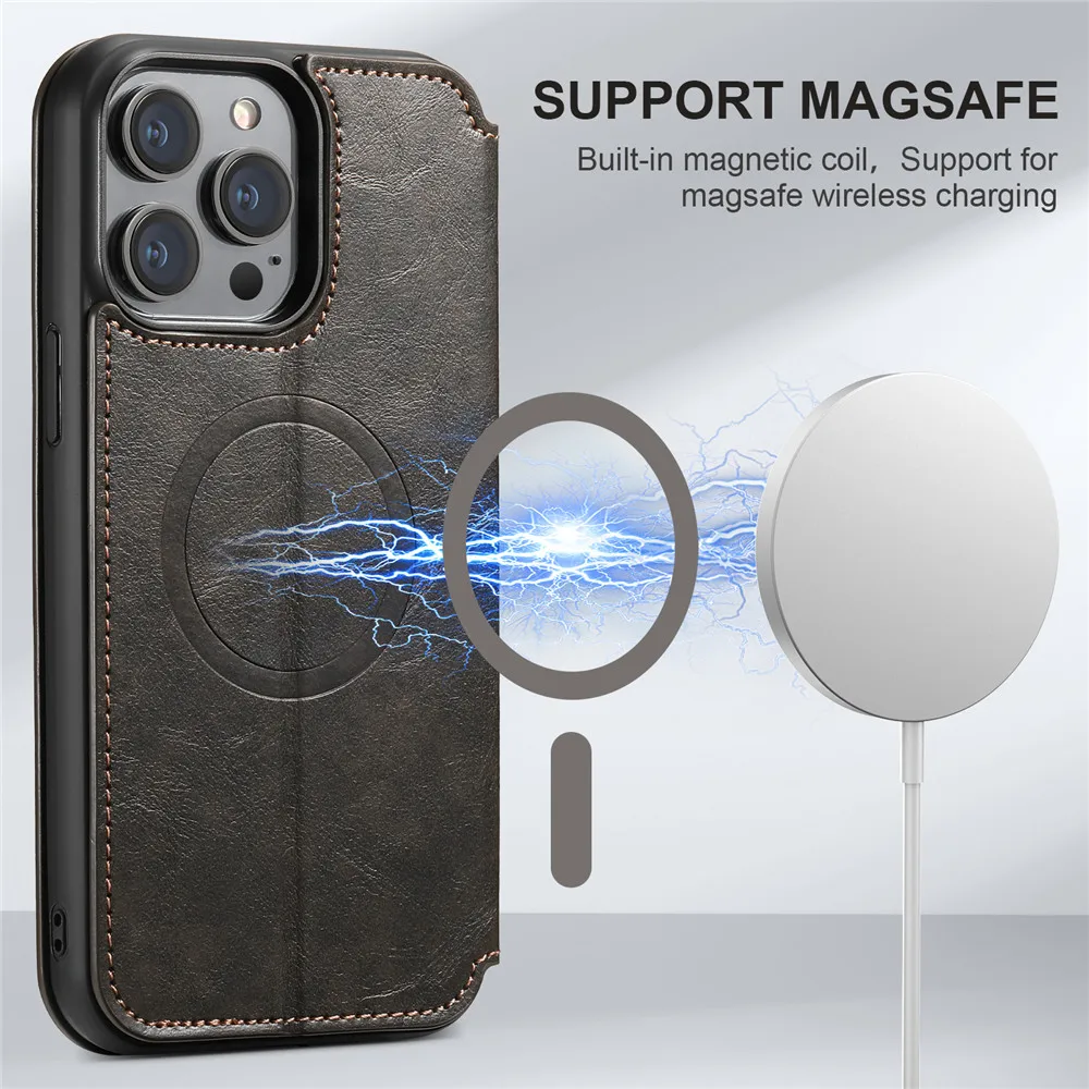 Magnetyczne etui portfel ze skóry z funkcją ładowania bezprzewodowego do iPhone'a 17 16 15 14 Pro Max 13 12 z podpórką i przegródkami na karty, kompatybilne z MagSafe — zdjęcie produktu 2