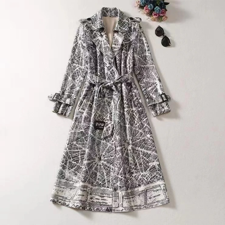 European and American women's dress 2023 winter new Long sleeve suit collar belt print fashion Trench coat XXL