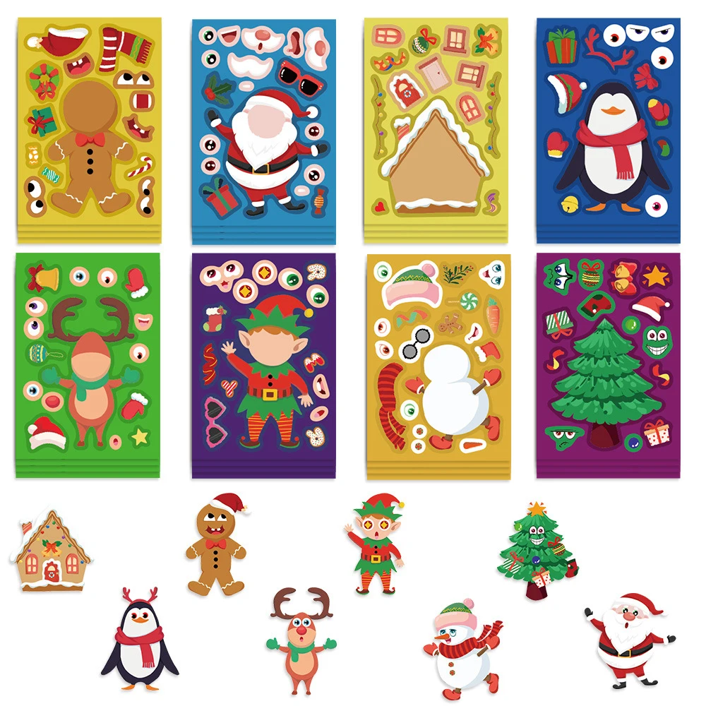 8/16sheets Cartoon Christmas Puzzle Stickers Cute Santa Claus Snowman Make a Face DIY Assemble Jigsaw Decals Kids Party Gift Toy