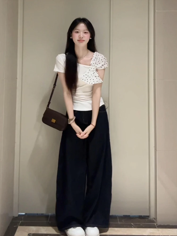 Koreanisches Sle Polka Dot Knot ort Sve Damen-T-Shirt, Sommer, schmale Passform, oulder Baring, einzigartiges kreatives Baumwoll-Top