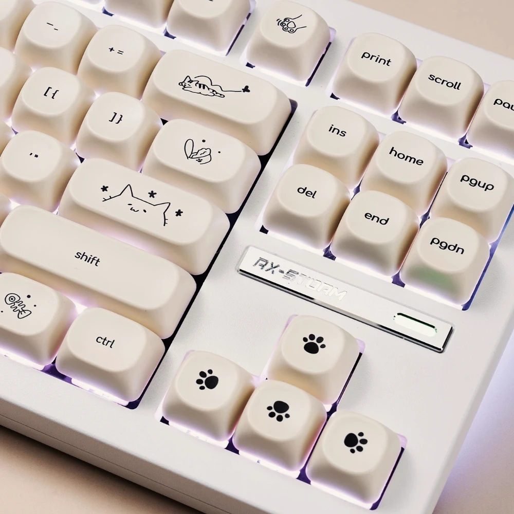 GEFENSI Happy Kitty Cat Keycap Set PBT Thermal Sublimation 124 Keys MOA Height Milk White Girls Mechanical Keyboard Keycaps
