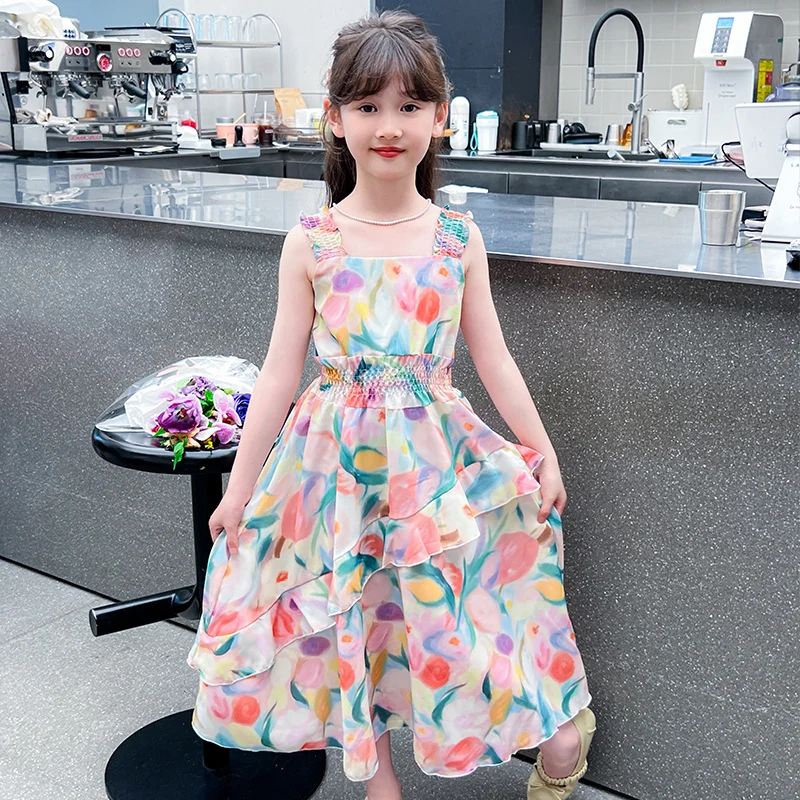 

2025 New Bohemian Style Strap Skirt for Girls Children's Printed Dress Holiday Beach Skirt Summer Sleeveless Hawaii