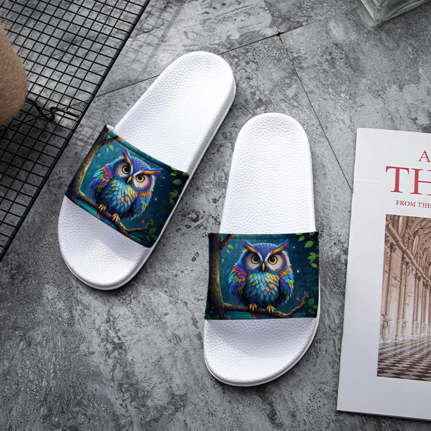 Women's Cute Owl Design PVC Slides - Colorful Animal Pattern, Comfortable Indoor/Outdoor Summer Slippers