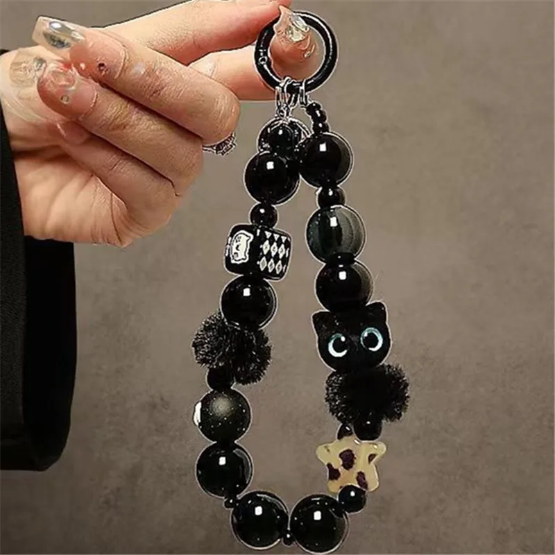 Fashionable Mobile Accessory Luxury Black Fluffy Cat Phone Strap Beaded Handle Chain Wrist Anti-Theft Bag Clip