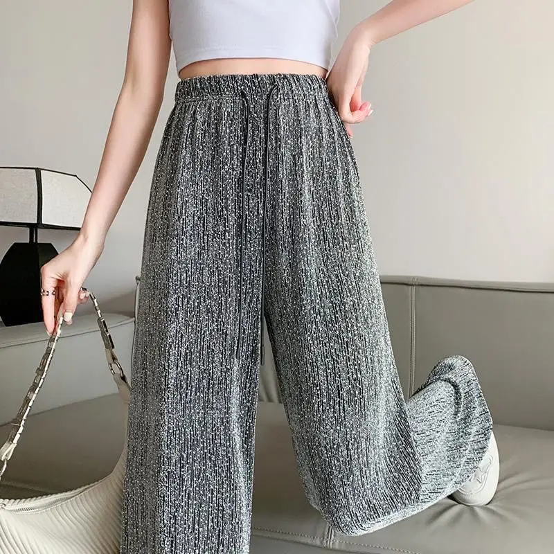 2024 Zomer Casual Damesmode Elegant Woon-Werkverkeer Diamant Set Hoge Taille Verhullend Vlees Losse Luie Stijl Wijde Pijpen Broek