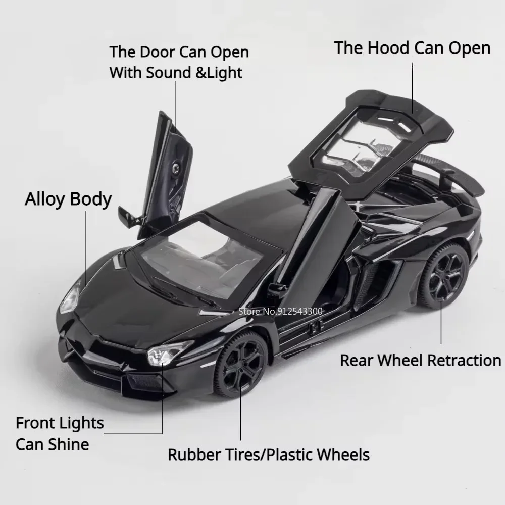 1:32 Scale LP740 Sports Car Model Toy Diecast Metal Body Rubber Tires Pull Back Supercars Models for Boys Sound Light Gifts