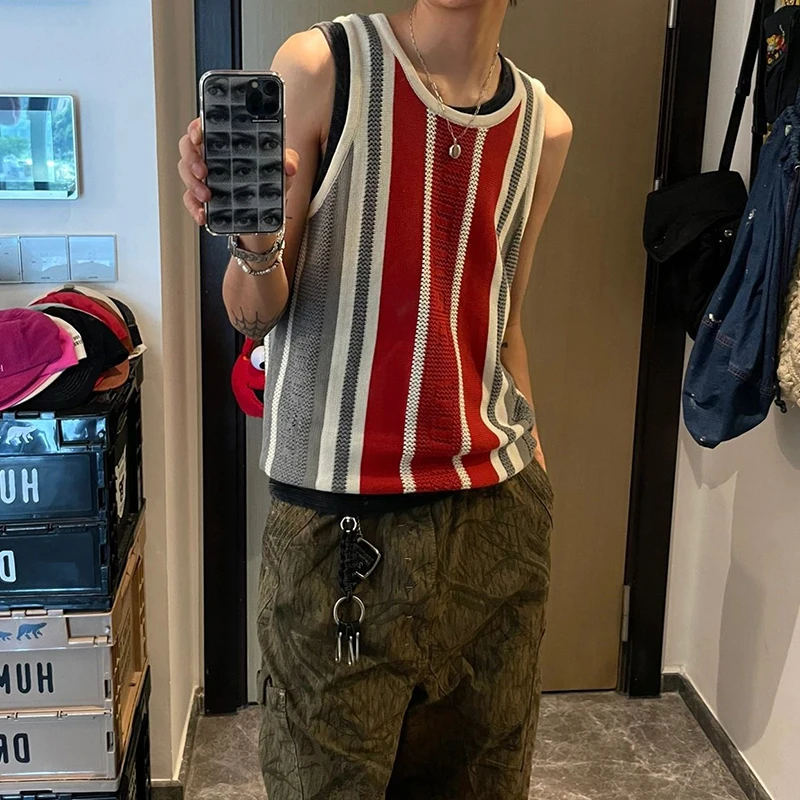 

Модный полосатый трикотажный жилет для мужчин Y2K, винтажные Лоскутные майки без рукавов, Мужская Уличная одежда 2024, летние майки в стиле хип-хоп