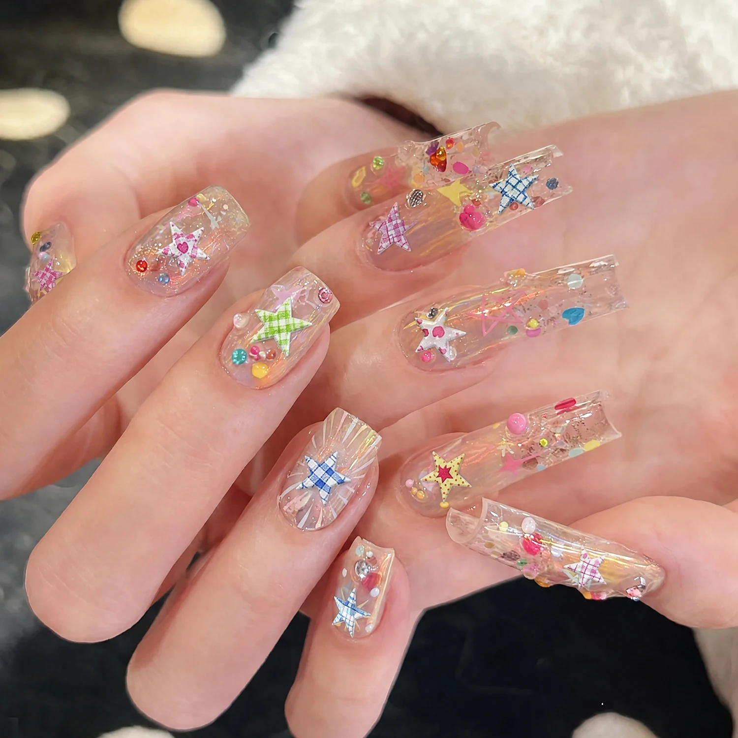 5D Christmas Macaron Plaid Five Pentagram Nail Stickers Sweet Grid Five-Point Star Decal Self Adhesive Embossed Pentagram Slider