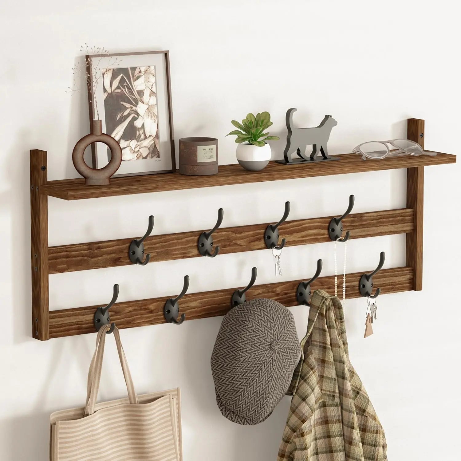 

29" Wall Mount Coat Rack with Shelf and 9 Metal Hooks for Entryway, Bathroom, Bedroom, Living Room, Kitchen